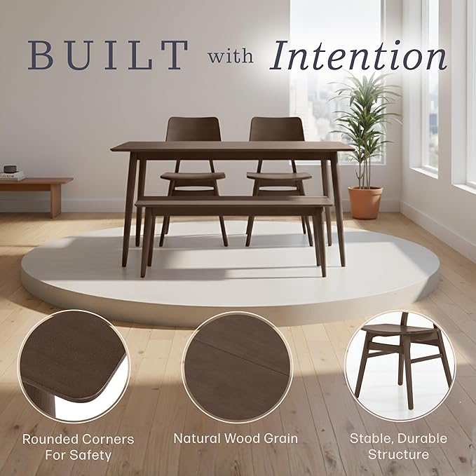 Alaterre Furniture Calais Dining – 4 Piece Dining Table Set for 4 with Chairs and Bench – Mid Century Modern 59-Inch Solid Wood Kitchen & Dining Room Table with Bench, and 2 Chairs (Walnut Finish)