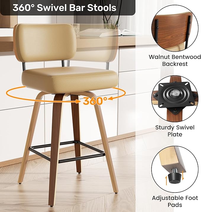 Swivel Bar Stools Set of 4, 26" Upholstered Faux Leather Counter Height Barstools with Walnut Back & Bentwood Legs, Mid Century Modern Bar Chairs Island Stools for Kitchen Counter, Khaki