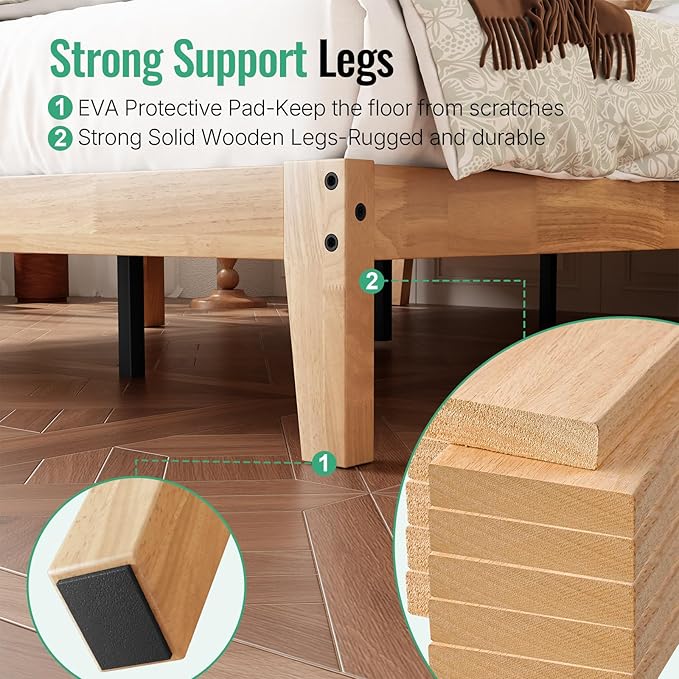 Queen Size Solid Wood Platform Bed with Led Light - Noise-Free Design with Metal and Wood Slat Support, No Box Spring Needed, Easy Assembly, Natural Wood Finish