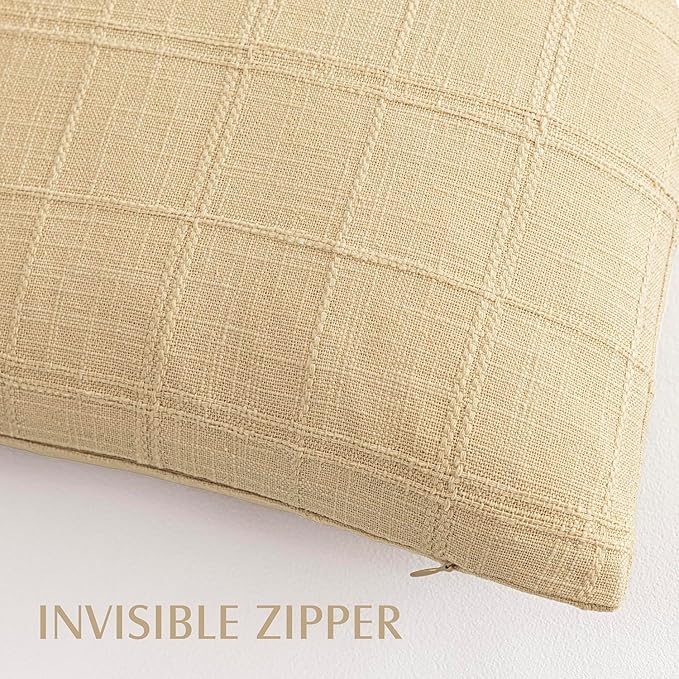 Foindtower Set of 2 Decorative Linen Check Throw Pillow Covers Neutral Farmhouse Vintage Cushion Covers Modern Boho Accent Home Decor for Sofa Chair Couch Bedroom Living Room,18×18 Inch,Light Yellow
