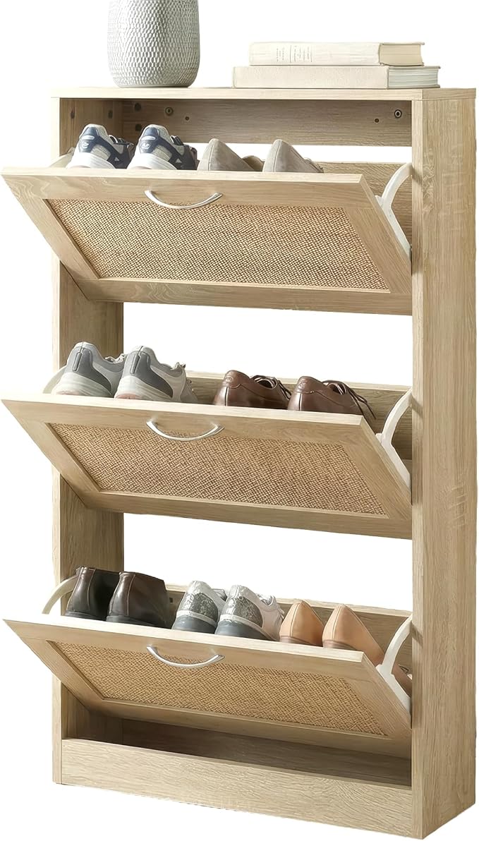 HOPUBUY Rattan Shoe Cabinet for Entryway, Narrow Shoe Storage Cabinet with 3 Flip Drawers, Hidden Shoe Cabinet Wood 3 Tier Slim Shoe Rack for Home and Apartment, Nature | Shoe Storage Cabinet, Hidden, Shoe Cabinet Wood, Slim, Shoe Rack