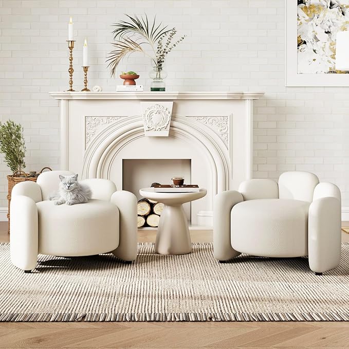 Hyfirm Mid-Century Modern White Accent Chairs, Set of 2 (Pair) Upholstered Barrel Side Chairs with Solid Wood Base, Scandinavian Comfortable Reading Seating for Living Room, Bedroom, Study, Apartment