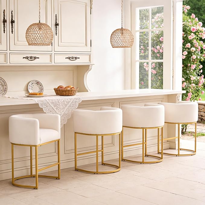 ClinQ 26" H Counter Height Bar Stools Set of 3, Modern Barrel Counter Stools with Backrest and Arms, Gold Metal Frames, Linen Fabric Upholstered Accent Barstools for Kitchen Island, Beige