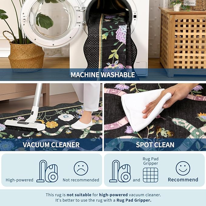 Garvee Washable 9x12 Area Rugs for Living Room Non Slip Botanical Snake Rugs for Bedroom, Boho Scalloped Stain-Resistant Dining Room Rug for Under Table Carpet for Home Office Playroom Farmhouse,Black