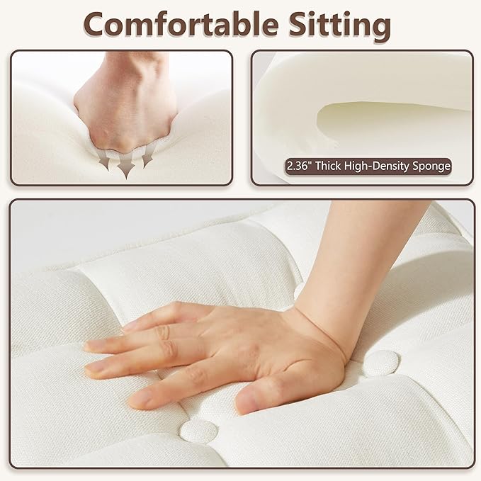 Royal Windsor Vanity Stool,Square Ottoman Stool Foot Rest,Upholstered Vanity Chair Foot Stool with Metal X Legs, Small Vanity seat for Entryway,Bedroom and Living Room,Linen White