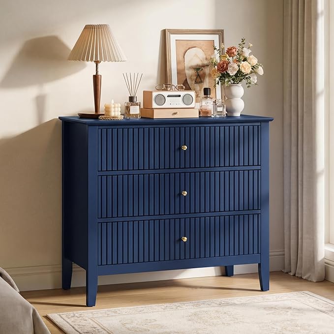 RoyalCraft 32" Large Nightstand, Fluted Painted Wood Dresser with 3 Spacious Drawers, Blue Modern Bedside Table for Bedroom