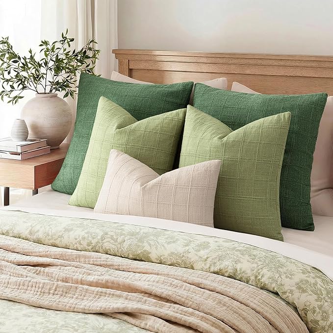 Foindtower Set of 2 Decorative Linen Check Throw Pillow Covers Neutral Farmhouse Vintage Cushion Covers Cozy Modern Boho Accent Home Decor for Sofa Chair Couch Bed Living Room,14×36 Inch,Light Green
