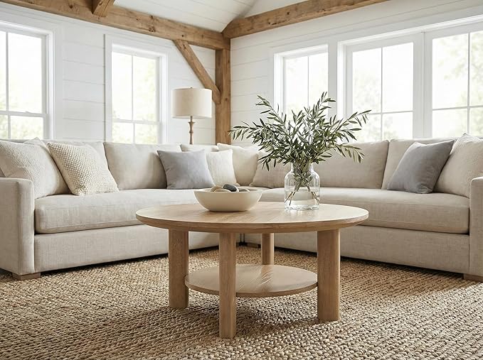 Furnifact Light Oak Round Wood Coffee Table Transitional Design, Durable Leveler, Plastic Glide, 200 lbs Capacity, Stylish 36-Inch Surface