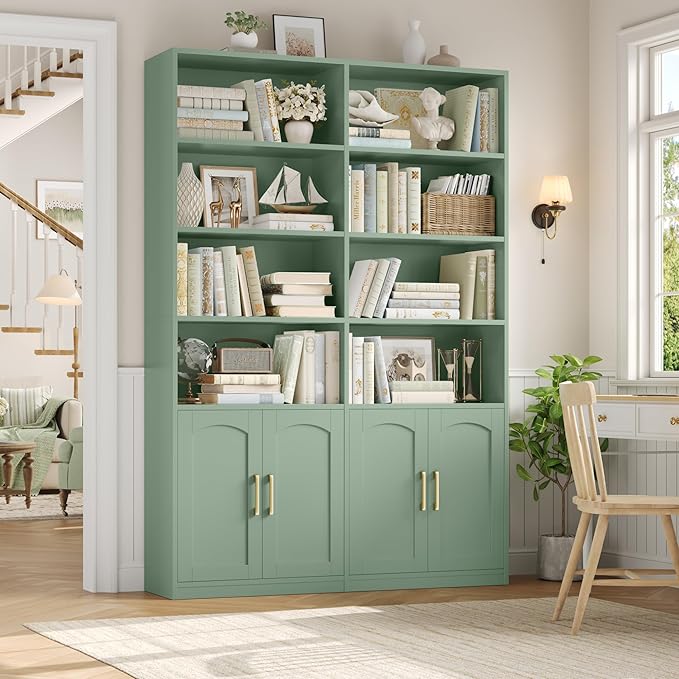 FACBOTALL Bookshelf and Bookcase with Doors, 6 Tier Double Wide Large Bookshelves, Open Display Shelves, 73'' Tall Bookshelf with Storage Cabinets for Home Office, Living Room, Library, Green