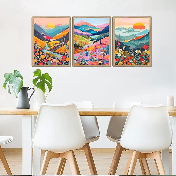 Yudinbin Colorful Mountain Poster Wall Art Set of 3 Boho Watercolor Flower Picture Wall Decor Abstract Nature Landscape Artwork Paintings Print for Living Room Bedroom Office 16x12In Unframed