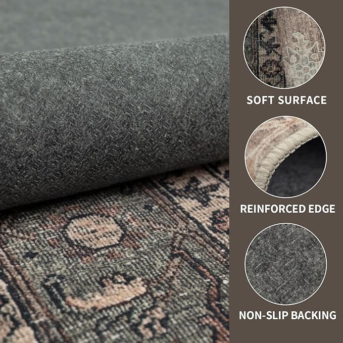 Vintage Washable Area Rug for Living Room,Low Pile 9x12 Non Slip Carpet Non-Shedding Area Rug Soft Indoor Stain Resistant Rug Floral Print Mat for Bedroom Dining Room 084-Brown