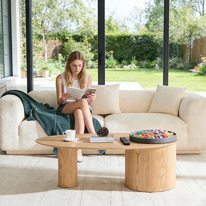 47.24” Oval Coffee Table, Modern Center Table with Storage & Removable Tray, Dinning Table, MDF Side Table for Living Room, Apartment, Small Space, Office.(Natural)