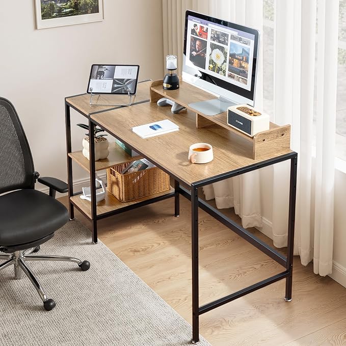MINOSYS 47-inch Computer Desk with Storage Shelf - Natural Wood Ideal Gaming Desk for Bedrooms, Small Spaces, and Home Offices Modern Writing Desk for PCs.