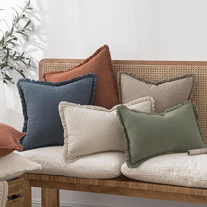 MIULEE Decorative Throw Pillow Covers Neutral Linen Fringe Throw Pillows Euro Shams Set of 2 Dune Boho Farmhouse Cushion Covers for Couch Sofa Bed Living Room Spring Home Decor 24x24 Inch