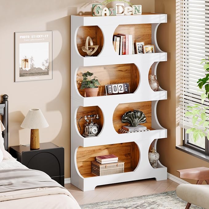 Tribesigns 71" Tall Bookcase, 4-Tier S-Shaped Bookshelf, Wood Decorative Storage Shelving, Modern Freestanding Display Shelves, Large Library Book Shelf Unit for Home Office Living Room, White & Brown