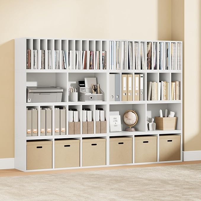 IOTXY DIY Modular Cube Bookcase - CubeXY Customizable Stackable Expandable Combination Set, 23-Cube Open Bookshelf for Books, Fabric Storage Bin, and 7/10-inch Vinyl Record Organizer, White