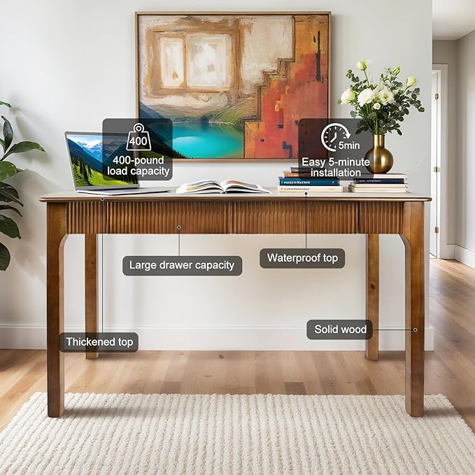 39.4'' Solid Wood Desk with 2 Drawers, Mid Century Modern Home Writing Office Small Wooden Desk ,Vintage Computer Table with Storage for Living Room, Bedroom, Fluted Design Walnut(Walnut, 39.4 Inch)