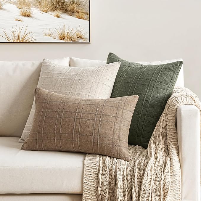 MIULEE Decorative Linen Check Euro Shams Throw Pillow Covers Neutral Farmhouse Vintage Pillow Covers 28x28 Set of 2 Boho Modern Winter Home Decor for Sofa Couch Bedroom Cushion Light Brown