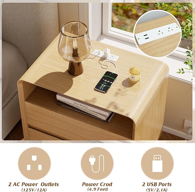 Nasonet Modern Nightstand with Charging Station, Wood End Tables Bedroom Nightstands with Drawers, Wide Curved Bedside Table for Kids Bedroom, Living Room, Oak