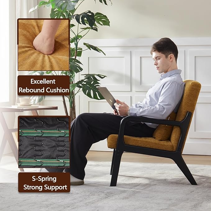Achicsofar Accent Chair Mid Century Modern Armchair with Lumbar Support Pillow Wood Legs PU Leather Upholstered Lounge Chairs Comfy High Back Cushion for Living Room Bedroom