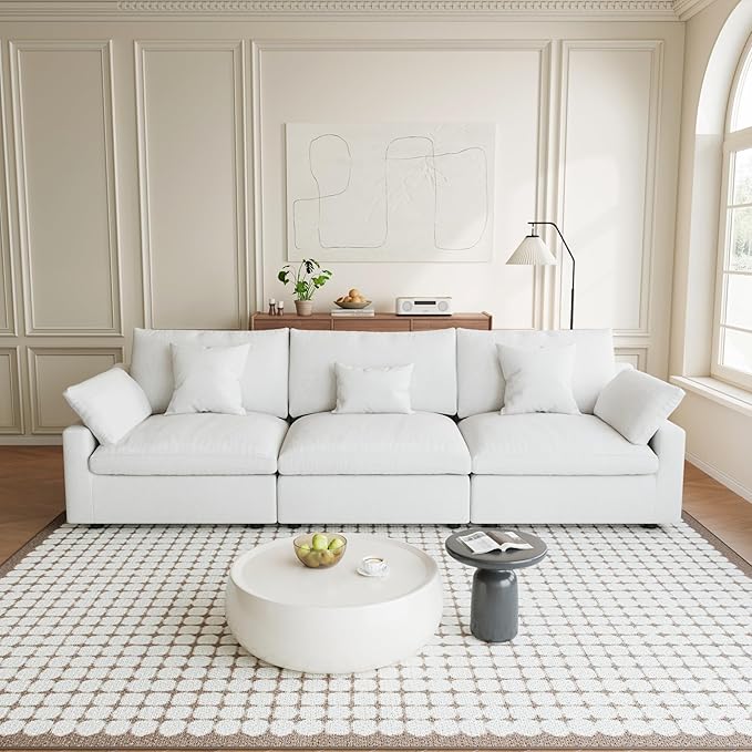 Modular Sectional Sofa Cloud Couch, 119.29" Oversized 3 Seater Sofa with Pillows, Linen Blend Fabric Minimalist Deep Seat Sofa Couches for Living Room, Sofa Covers Washable&Removable, White
