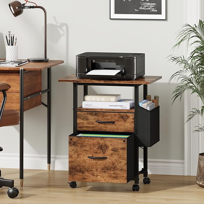 GYIIYUO 2 Drawer File Cabinet with 24'' Extended Desktop, Mobile Filing Cabinet, Rolling File Cabinet with Side Bag, Fabric Drawer, Fits A4/Letter Size, Printer Stand Home Office, Light Brown