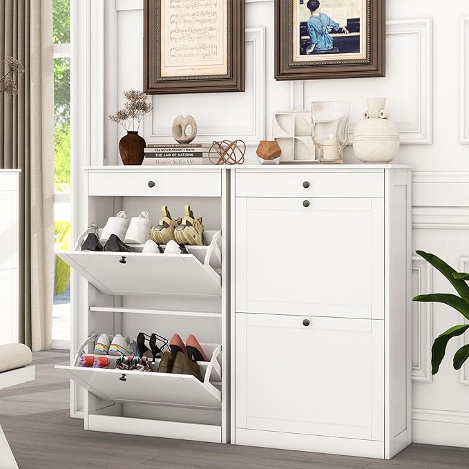 FTZxHKLX Shoe Cabinet with 2 Flip Drawers Set of 2, Small Wood Modern Shoe Organizer with Adjustable Shelf, Narrow Freestanding Hidden Shoe Cabinet Storage for Entryway, Hallway, Living Room, White