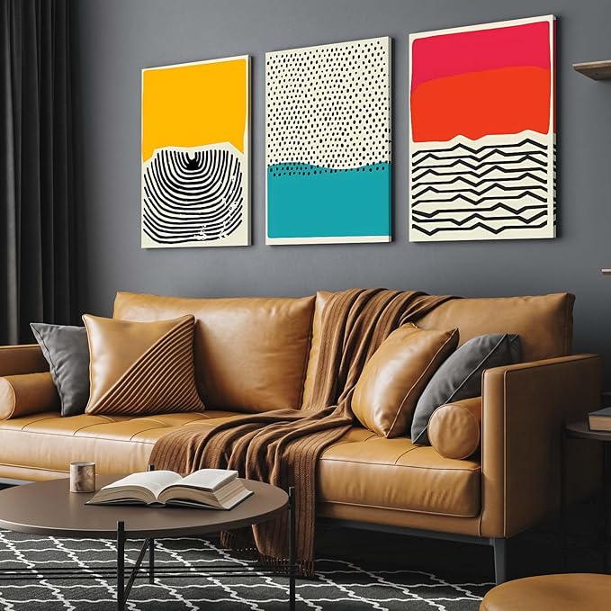 3 Piece Framed Canvas Wall Art, Modern Abstract Geometric Color Block Canvas Wall Decor, Set of 3 Wall Art for Living Room Bedroom Office, 12x16 Inch
