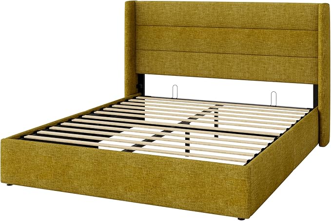 SHA CERLIN Full Size Lift Up Storage Bed/Modern Wingback Headboard/Upholstered Platform Bed Frame/Hydraulic Storage/No Box Spring Needed/Wood Slats Support/Olive Yellow