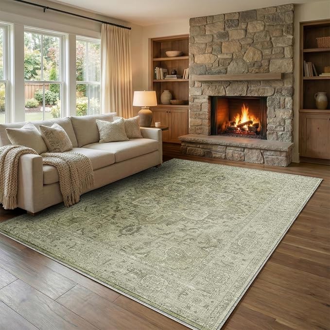 Homemate Washable Rug 6x9 Area Rugs - Vintage Faux Wool Rugs for Living Room Bedroom Dining Room - Non Slip Foldable Carpet Indoor Area Rug for Home Decor（6'x9', Green