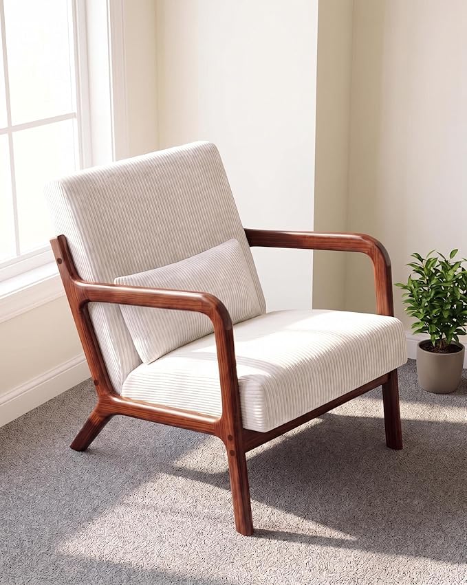 Garvee Mid-Century Modern Accent Chair, Wide-Wale Corduroy Upholstery, Solid Wood Armchair with Removable Lumbar Pillow, Sturdy Reading Chair for Living Room, Bedroom, Guest Room, Easy Assembly, Beige