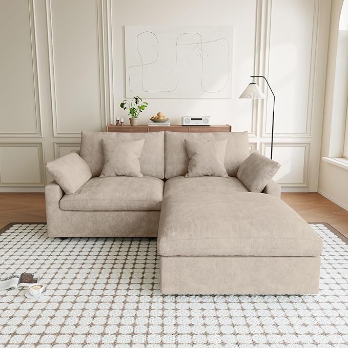 Modular Sectional Sofa Cloud Couch, 82.68" Loveseat Sofa with Chaise Ottoman, Linen Blend Fabric Minimalist Deep Seat Sectional Couches for Apartment Small Space, Khaki Sofa Covers Washable&Removable