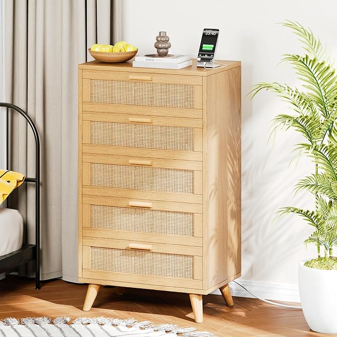 Rovaurx Modern 5 Drawer Dresser for Bedroom, 42.7" Tall Rattan Chest of Dressers with Charging Station, Dresser Chest with Wooden Handles, Beside Table for Closet, Living Room and Entryway, Natural
