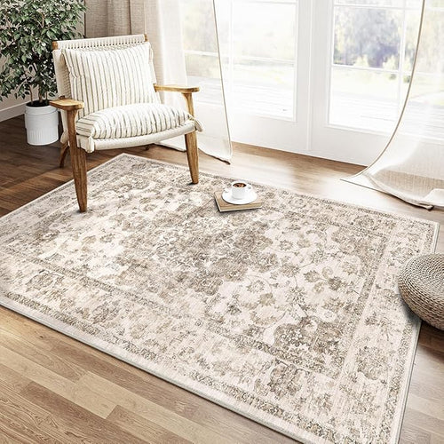 4x6 Washable Neutral Area Rug Brown Vintage Entryway Office Carpet Non-Slip Soft Low Pile Farmhouse Indoor Throw Rug for Living Room Bathroom Dining Room