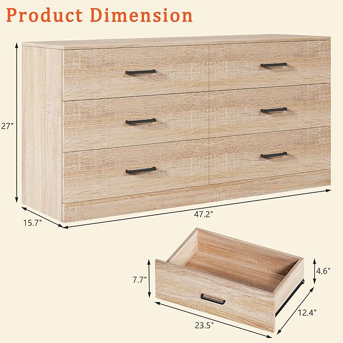 Dresser for Bedroom with 6 Drawers, Wooden Dresser with Metal Handles, Mid Century Modern Bedroom Dressers, Large Storage Organizer for Entryway, Light Oak
