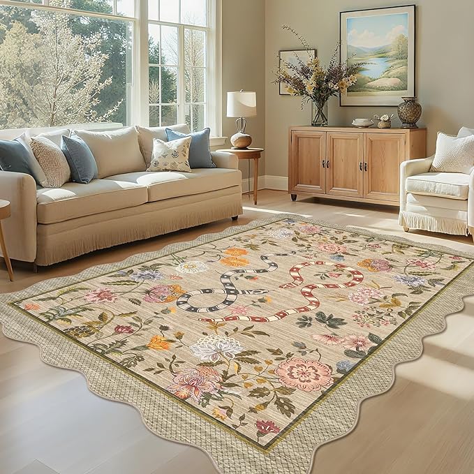 Garvee 10x13 Area Rugs for Living Room Non Slip Botanical Snake Rugs for Bedroom, Boho Scalloped Indoor Stain-Resistant Dining Room Rug for Under Table Carpet for Home Office Playroom Farmhouse,Brown
