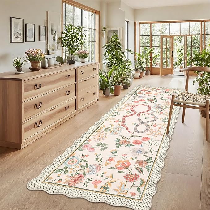 Garvee Washable Runner Snake Scalloped Rug 2x6 Runner Rugs for Hallway, Non-Slip Stain-Resistant Kitchen Runners, Soft Low Pile Non Shedding Carpet for Laundry Entryway Bedroom Bathroom,Beige