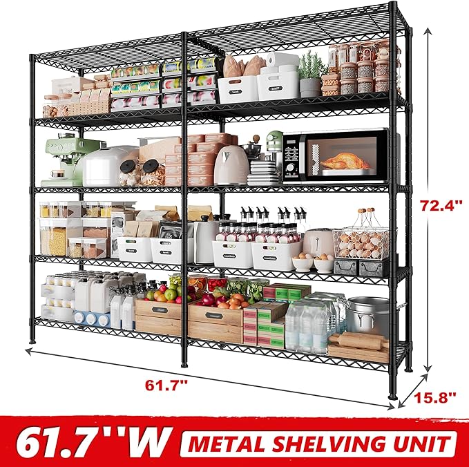 5 Tier Metal Shelving Unit Storage Shelves Load 1500LBS,Adjustable Wire Shelving Pantry Shelves for Storage,Kitchen Shelves Storage Rack for Commercial Garage Shelving Heavy Duty,61.7"W*72.4"H*15.8"D
