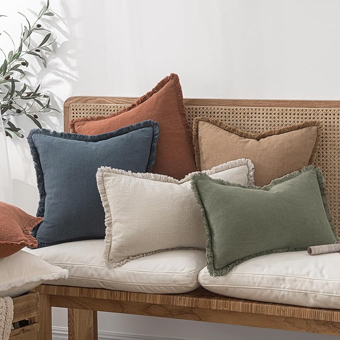 MIULEE Decorative Throw Pillow Covers Neutral Linen Fringe Throw Pillows Set of 2 Brick Boho Farmhouse Cushion Covers with Tassels for Couch Sofa Bed Living Room Spring Home Decor 20x20 Inch
