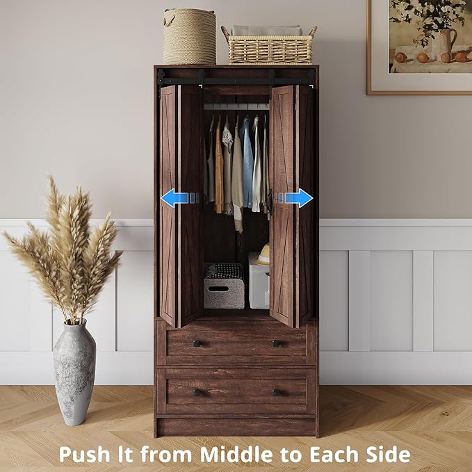Maupvit Farmhouse Armoire with 2 Folding Sliding Barn Doors and Drawers 70.9" Tall Wooden Bedroom Wardrobe Closet with Spacious Storage Cabinet with Hanging Rod for Bedroom, Dark Brown
