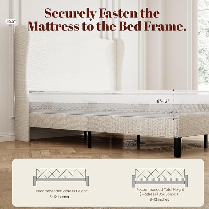 Queen Bed Frame with Extra Tall 55.5" Wingback Headboard, White Boucle Upholstered Platform Bed Frame, Modern Cloud Bed, Noise-Free, Metal Slats Support, No Box Spring Needed