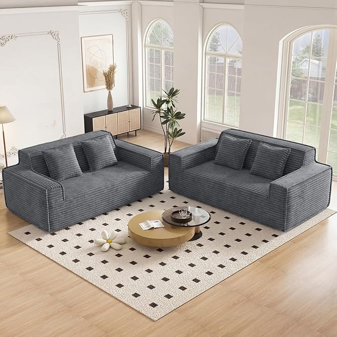 75'' Modern Cloud Loveseat Sofa Set of 2, No Assembly Required Comfy Deep Seat Couches 2 pcs for Living Room, Bedroom, Apartment (Corduroy-Grey)