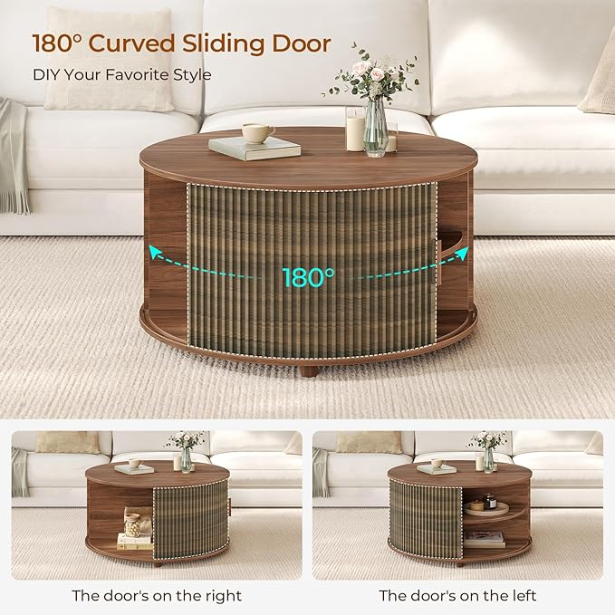 Round Lift Top Coffee Table, 34.6" Modern Coffee Table with 180° Curved Sliding Door, Fluted Accent Coffee Tables with Hidden Storage and Open Shelves, for Living Room, Office, Walnut
