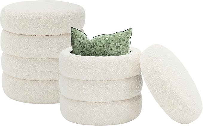 Krcix Round Ottoman with Storage Boucle Ottoman Stool with Storage Removable Lid for Living Room Modern Vanity Sorage Stool Foot Rest Bedroom Dorm Gifts Set of 2 (White)