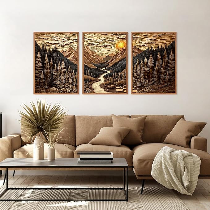 HPINUB Abstract Landscape Mountain Canvas Wall Art Set, Vibrant Sun Forest Pine Tree Wall Decor, Wilderness Nature River Rustic Scenery Art Print for Living Room,Bedroom,Office(Set of 3,12X16 Inch)