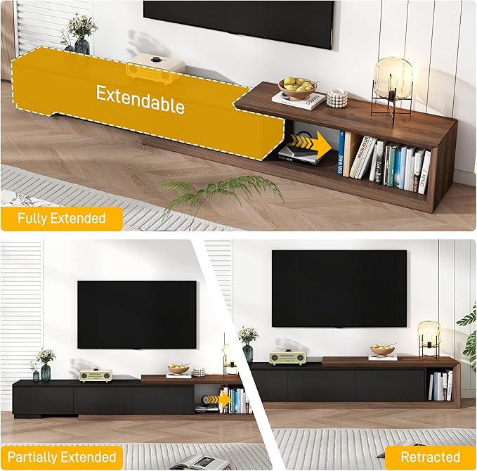 chartustriable Extendable TV Stand with 3 Drawers, Modern Minimalist Entertainment Center, Reversible Long TV Media Console, Bevel Design, 82-107.3 Inch, Black & Walnut