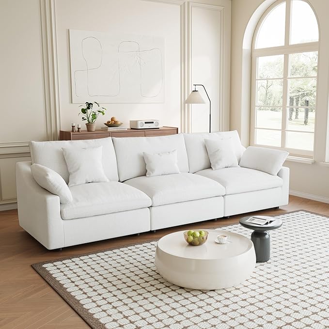 Modular Sectional Sofa Cloud Couch, 119.29" Oversized 3 Seater Sofa with Pillows, Linen Blend Fabric Minimalist Deep Seat Sofa Couches for Living Room, Sofa Covers Washable&Removable, White
