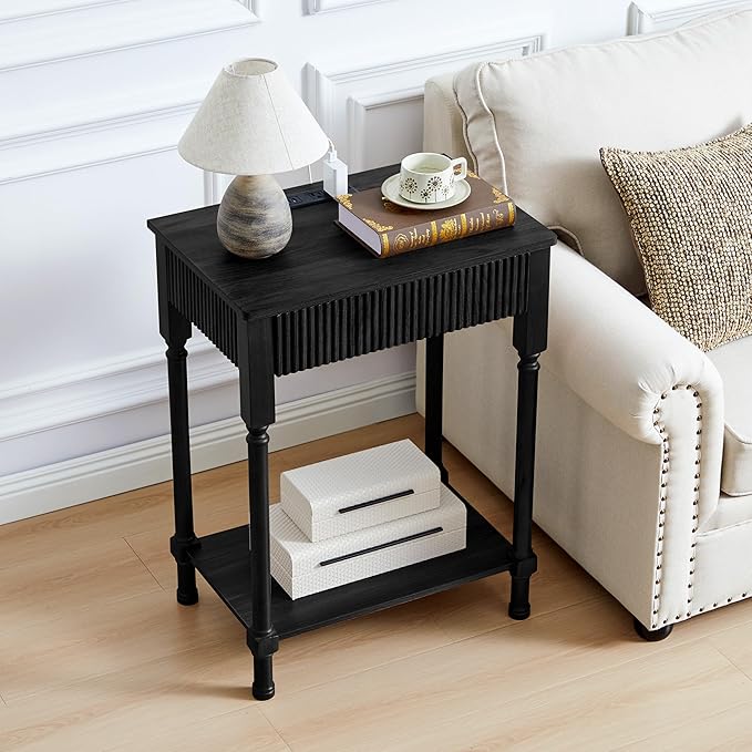 XUZENEST Fluted Nightstand with Charging Station, 23.6” Large Bed Side Table End Table with Drawer, Modern Mid Century Solid Wood Legs Night Stands Bedside for Bedroom Living Room Sofa Office, Black