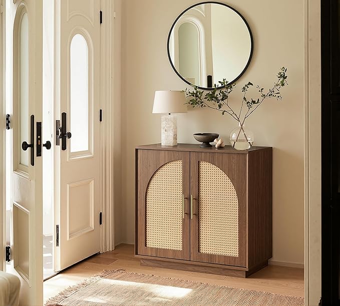 FORTUNETEC Sideboard Buffet Cabinet with Storage, 31.5" Modern Accent Cabinet with Rattan Arched Doors, Modular Media Console, Boho Credenza for Living Room Kitchen Dining Room Entryway, Walnut