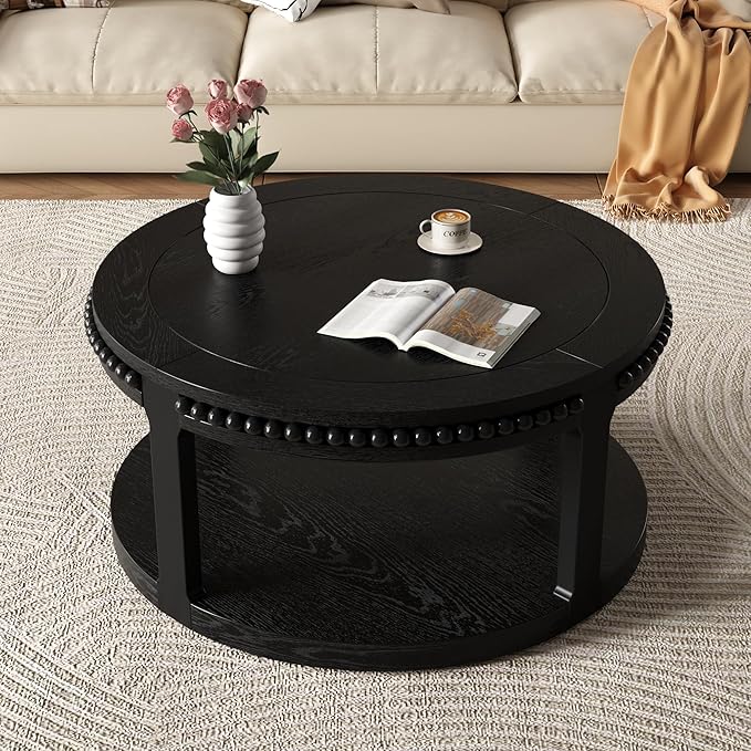 31.5" Round Wood Coffee Table, 2 Tier Modern Center Table,Solid Wood+MDF, Easy Assembly, Accent Table for Living Room, Apartment, Small Space. (Black)